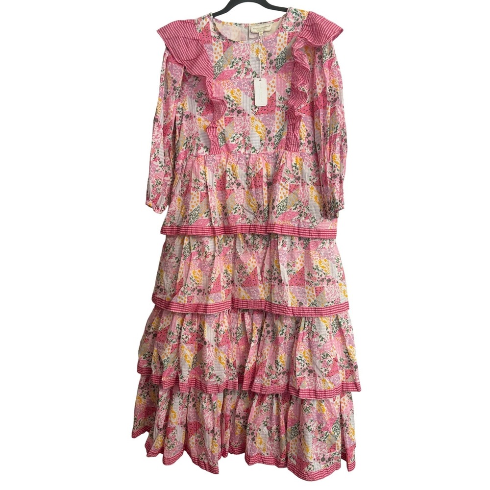 Simply Southern Maxi Dress L Pink Patchwork Floral, Ruffle, Boho, Cottagecore